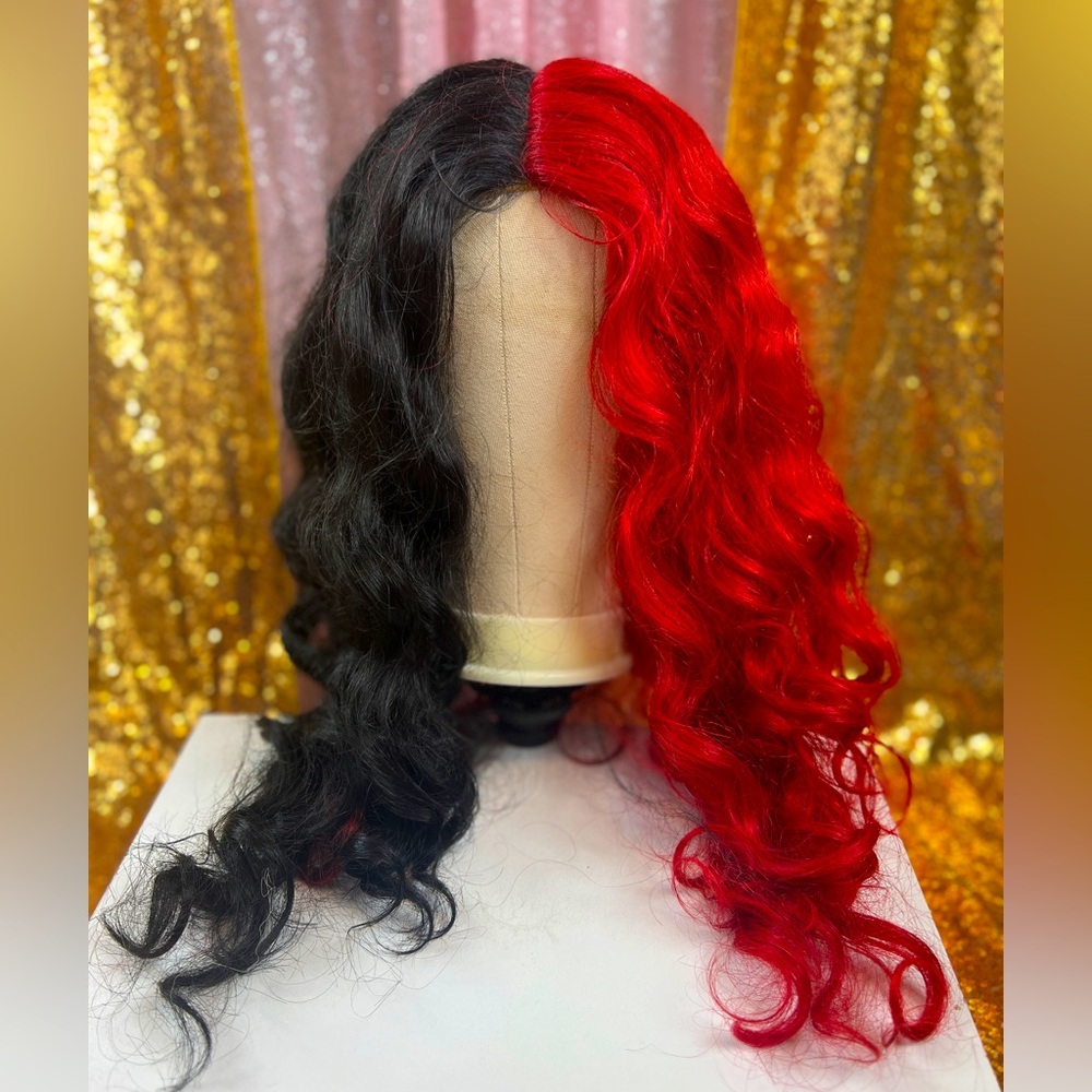 Queen of Hearts Synthetic Hair HD Lace Front Wig -Half 1B/Red Wavy Curls